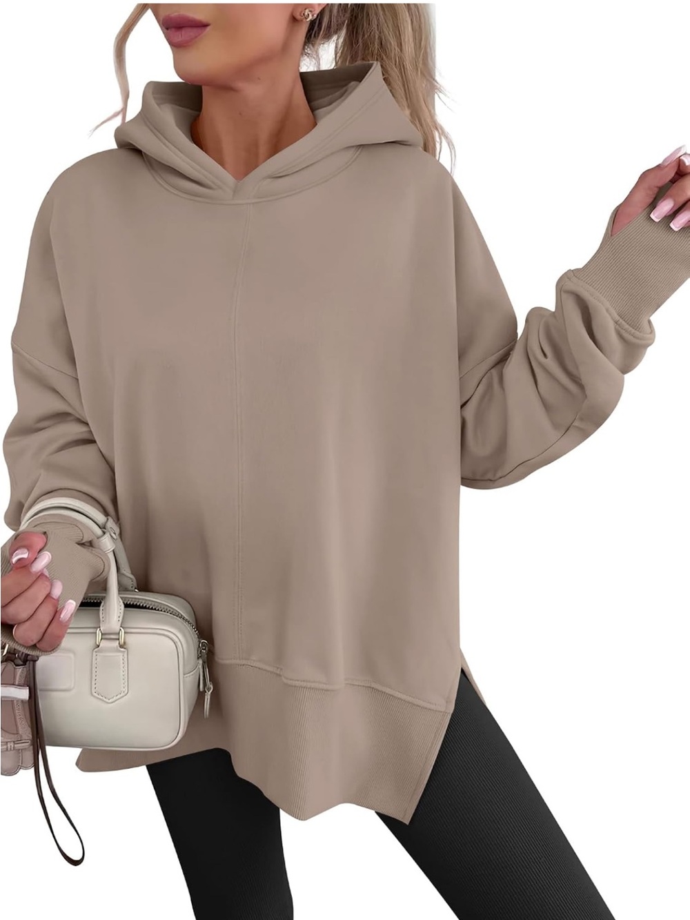 Relaxed Taupe Hooded Pullover Sweatshirt